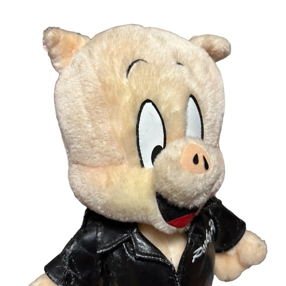 Looney Tunes 1995 Porky Pig That's All Folk's Plush Stuffed Leather Jacket - Picture 3 of 11